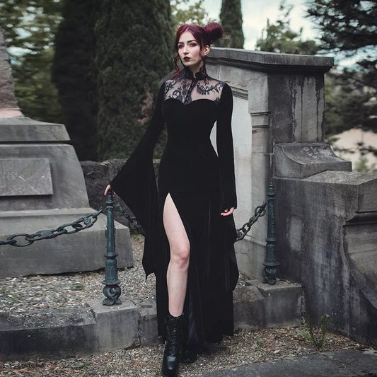 Long Black Flared Sleeve Lace Cutout Gothic Maxi Dress