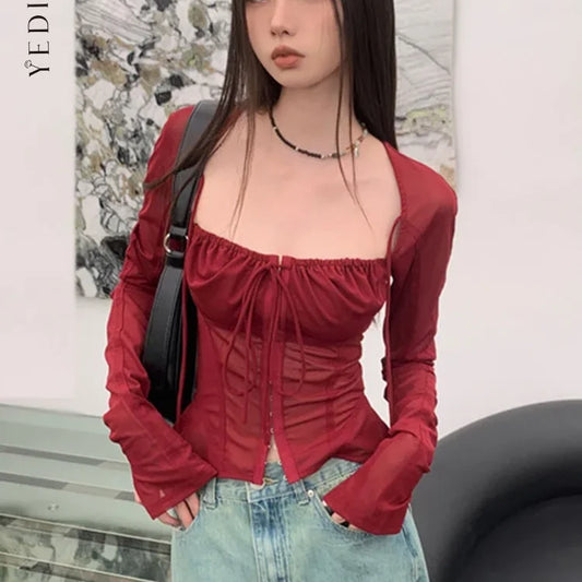 Burgundy Long Sleeve Lace Up Square Collar Top