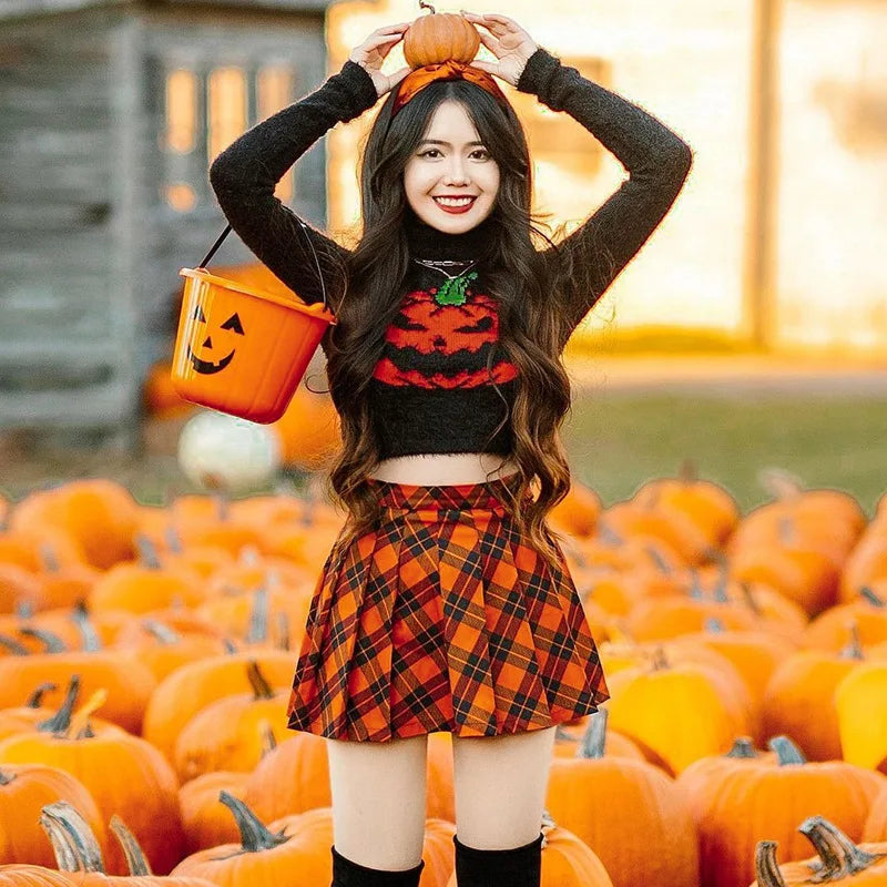 Black Cropped Halloween Pumpkin Head Sweater