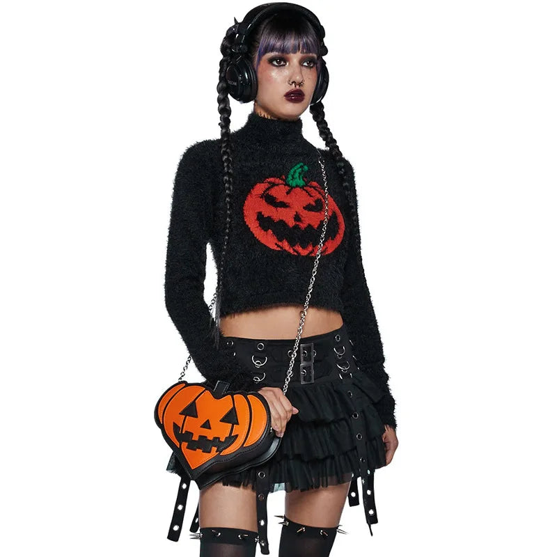 Black Cropped Halloween Pumpkin Head Sweater