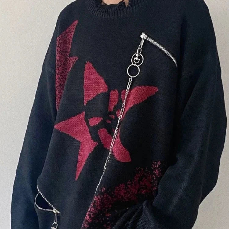 Black Jacquard Star Chain Hollow Out Pullovers Sweaters