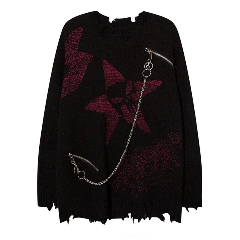 Black Jacquard Star Chain Hollow Out Pullovers Sweaters