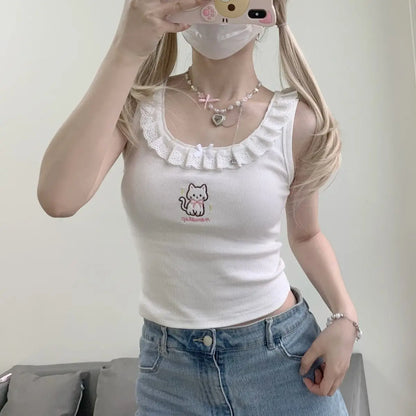 Ruffle Cat Embroidery Tank Tops