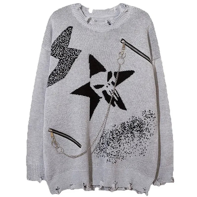 Gray Jacquard Star Chain Hollow Out Pullovers Sweaters