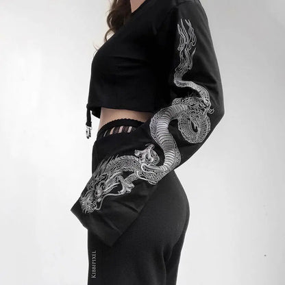 Dragon Pattern Long Sleeve T-shirt with Suspenders