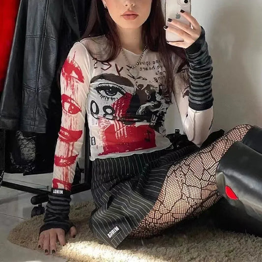 Long Sleeve Mesh Print Top