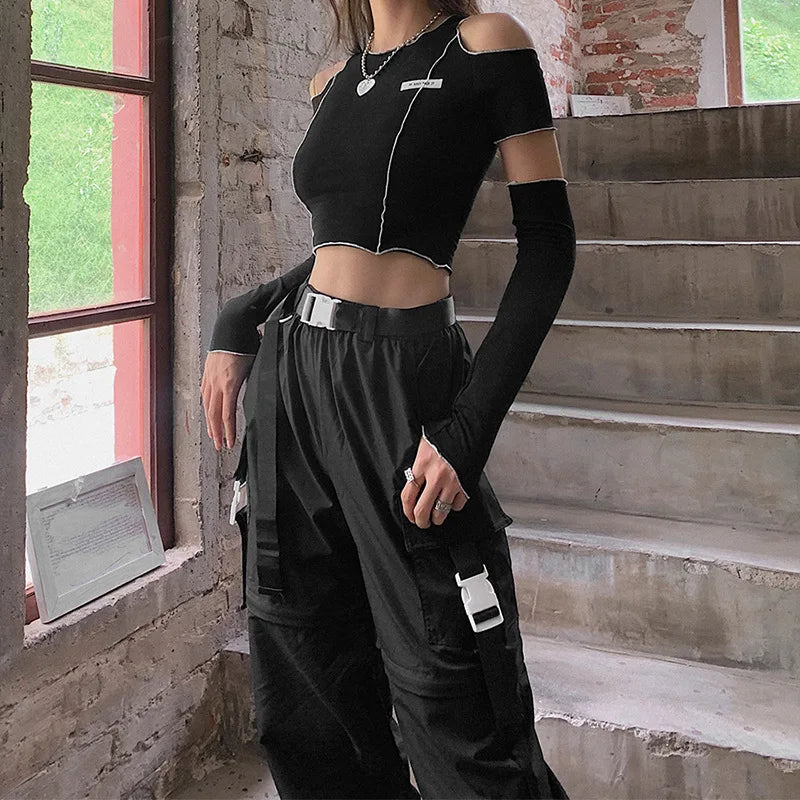 Black Patchwork Open Shoulders T-shirt