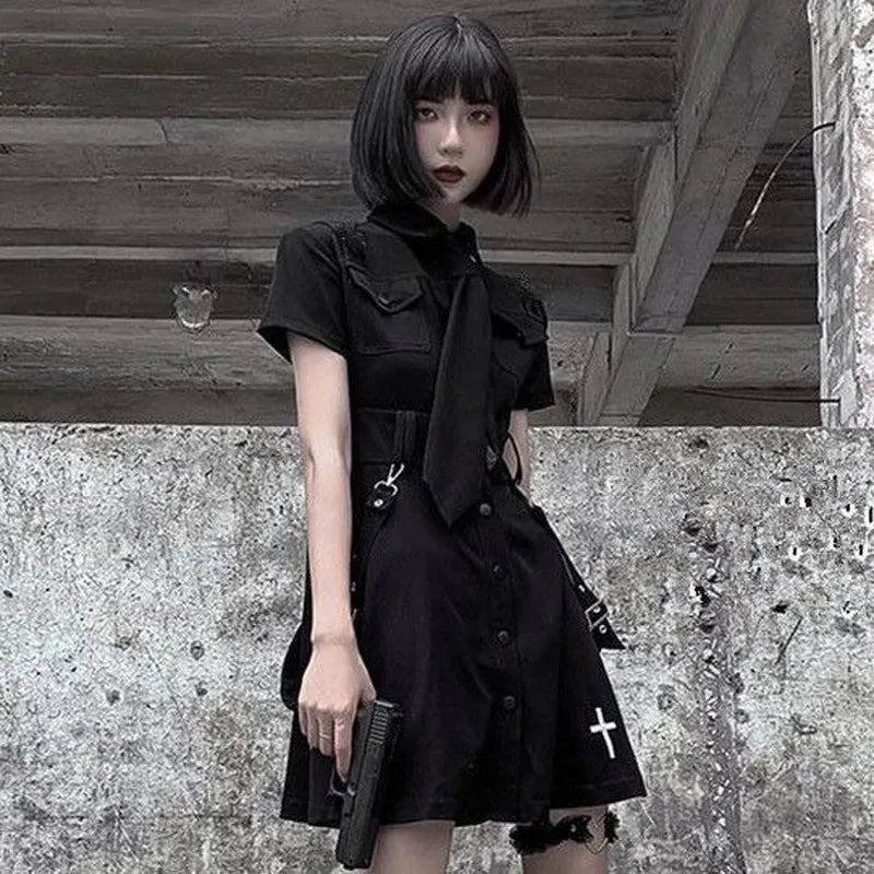 Goth Black Dresses with Cross and a Tie