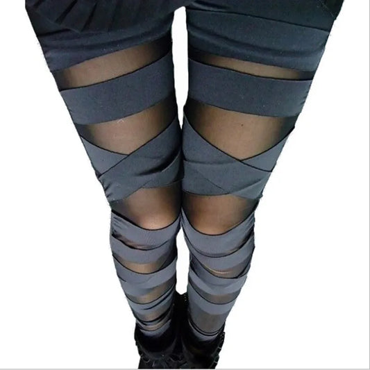 Ripped Bandage and Mesh Leggings