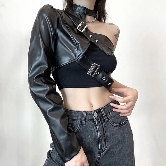 One Shoulder Black Cropped Gothic Faux Leather Jacket