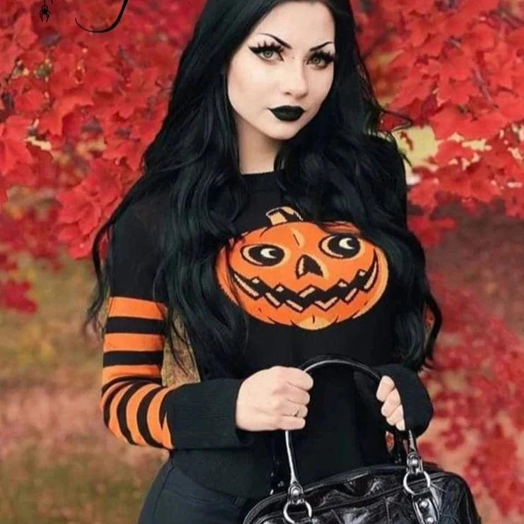 Black Halloween Gothic Pumpkin Knitted Sweater