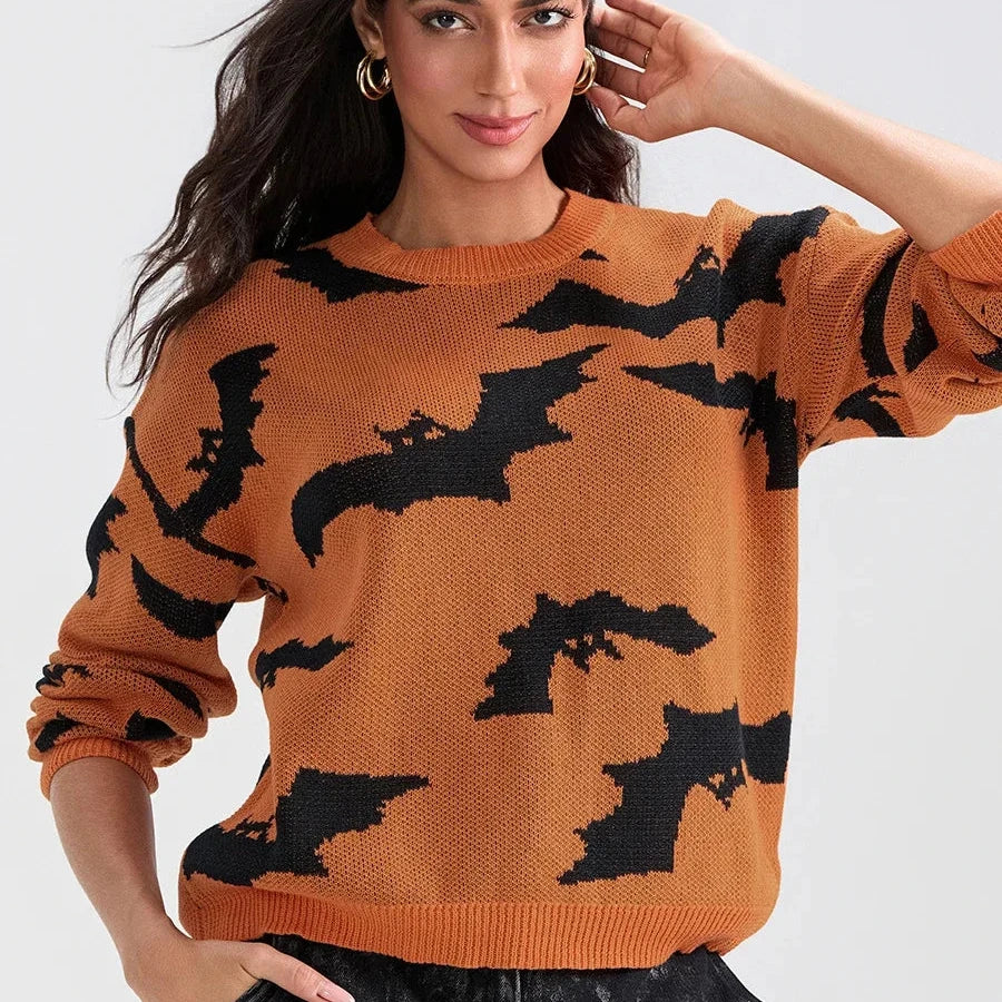 Halloween Long Sleeve Orange Bat Sweater