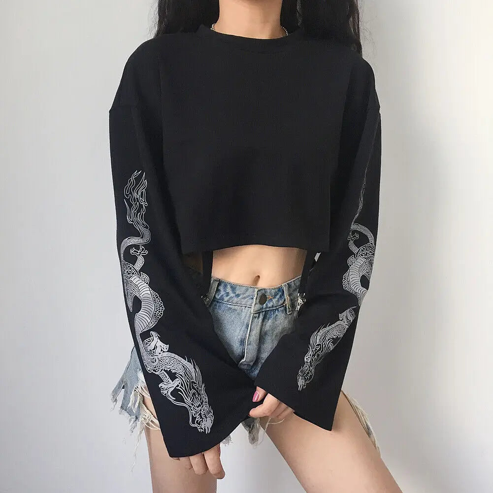 Dragon Pattern Long Sleeve T-shirt with Suspenders