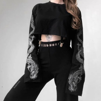 Dragon Pattern Long Sleeve T-shirt with Suspenders