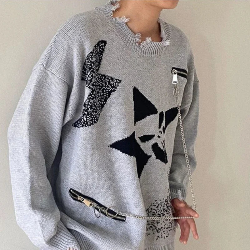 Jacquard Star Chain Hollow Out Pullovers Sweaters