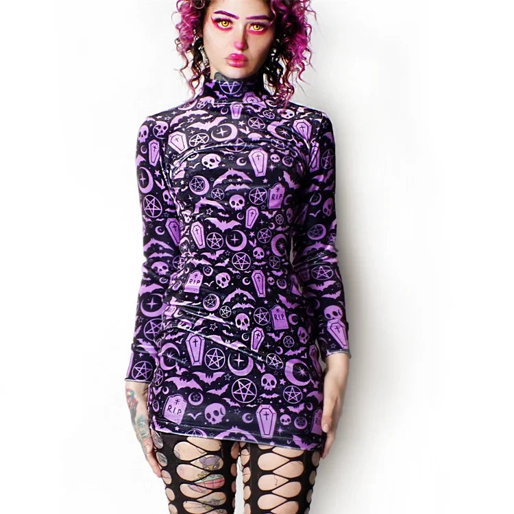 Long Sleeved Bat Skull Print Dress