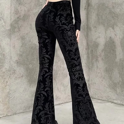 High Waist Flair Black Pants With Print