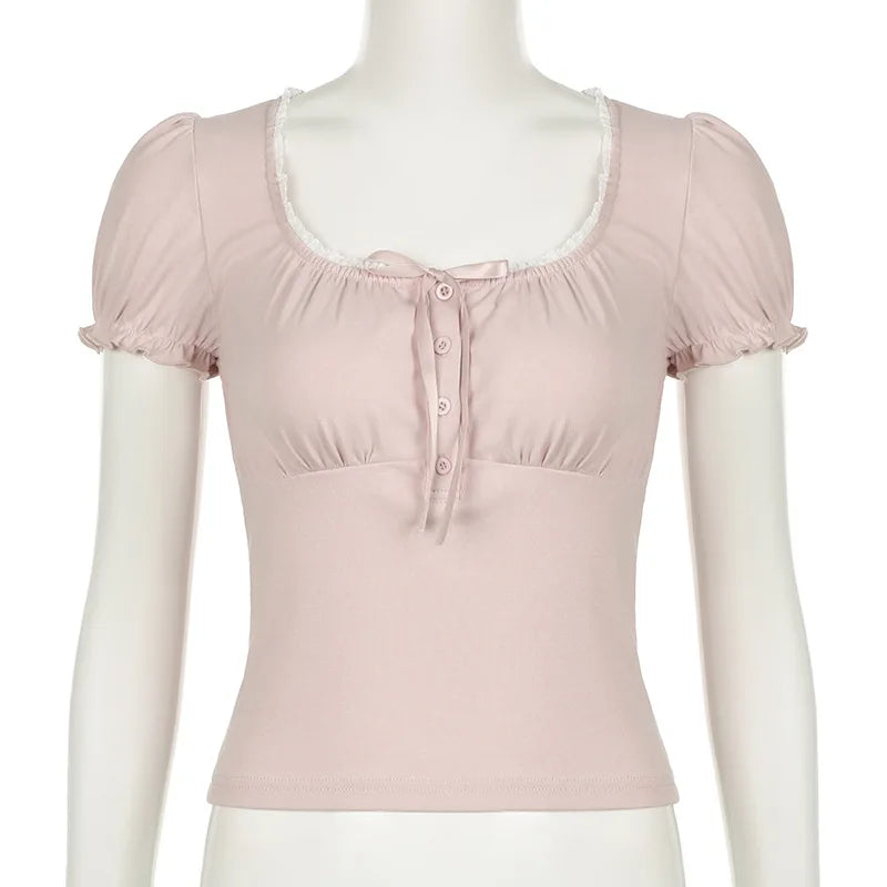 Pink Square Collar Puff Sleeve T-shirt