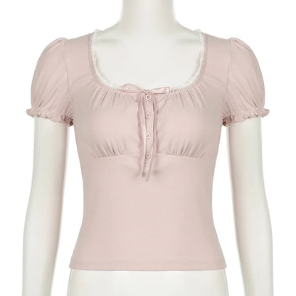 Pink Square Collar Puff Sleeve T-shirt