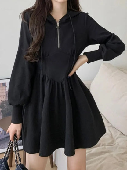 Zipper Hooded Long Sleeve Mini Dresses