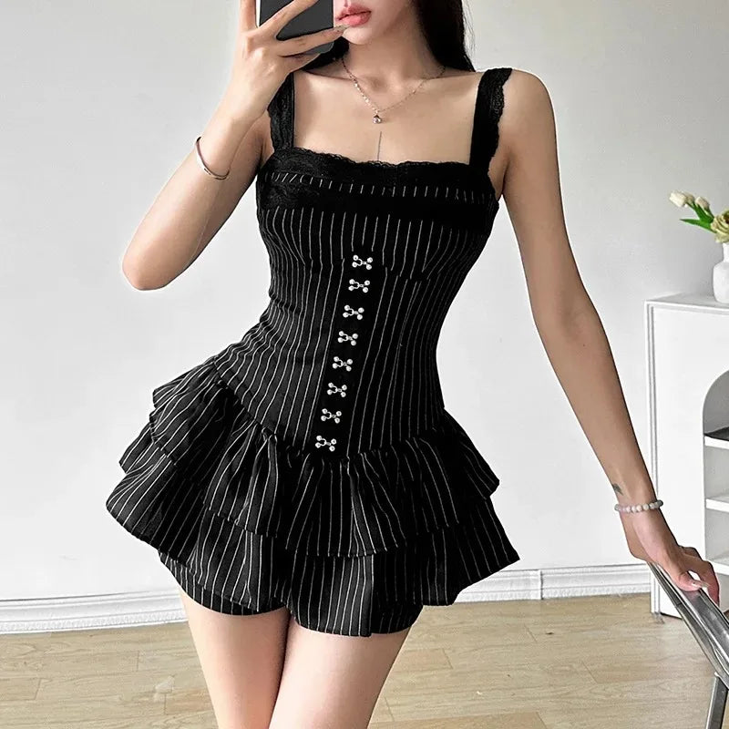 Grunge Striped Ruffles Hem Black Romper