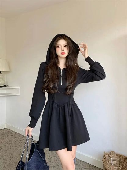 Zipper Hooded Long Sleeve Mini Dresses