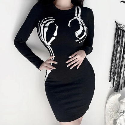 Black Long Sleeve Skeleton Print Mini Dress