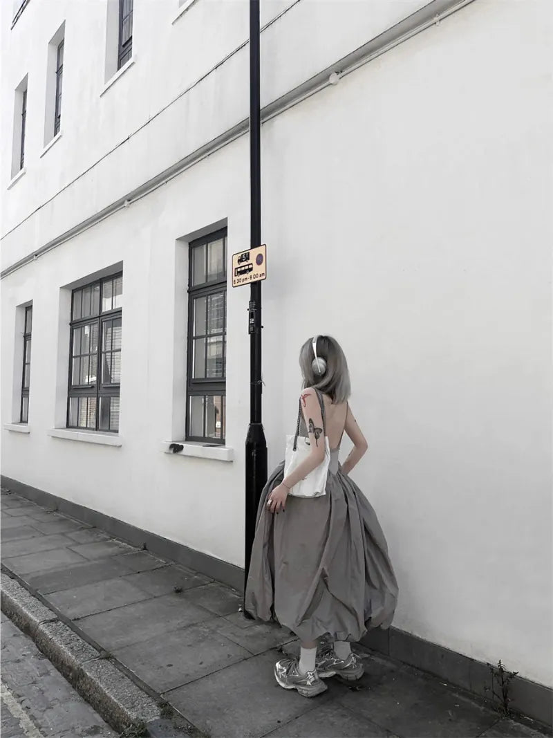 Sleeveless Gray Low Back Midi Dress