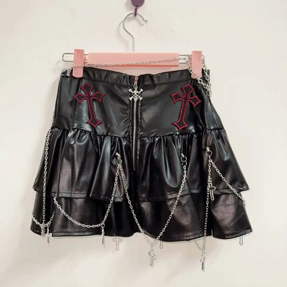 Faux Leather Cross Short Skirt with Chains