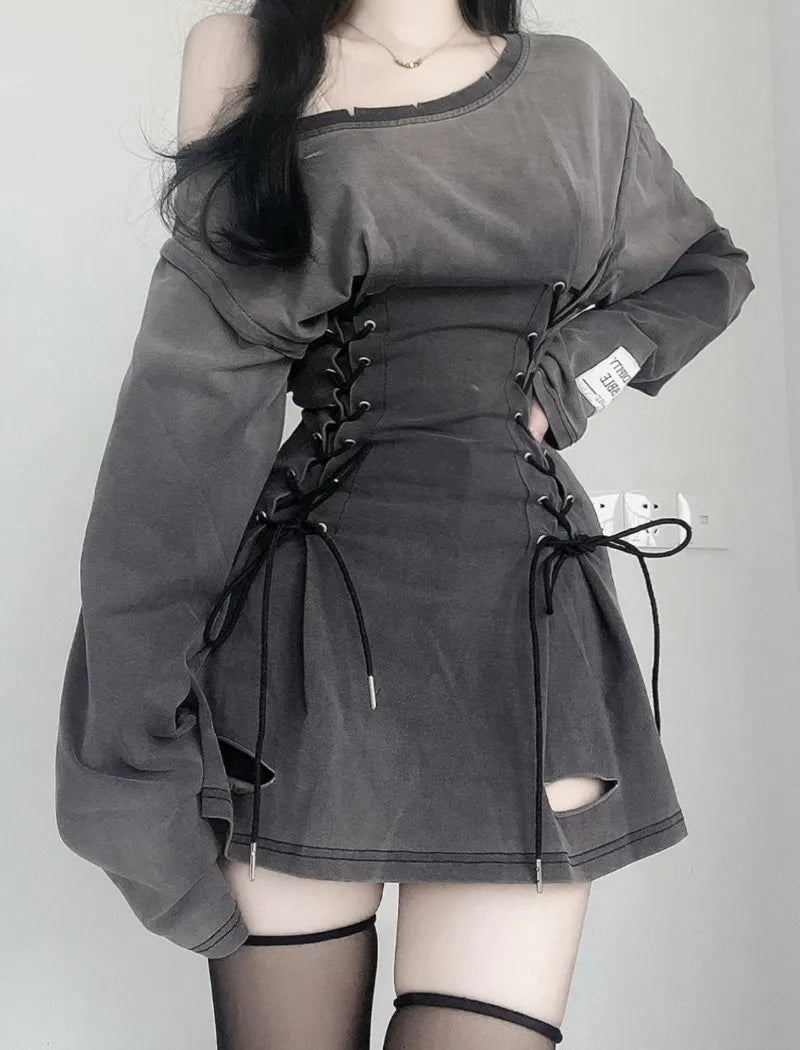 Gray Long Sleeve Corset Mini Dress