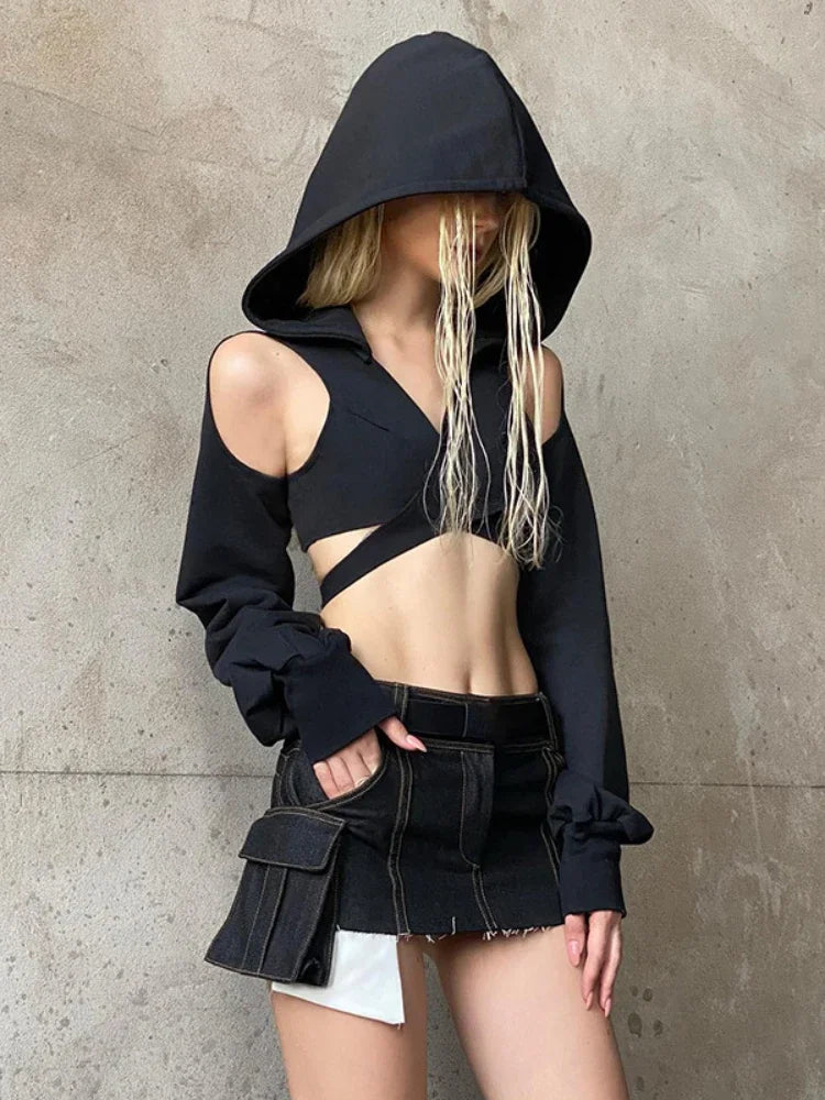 Black Hooded Long Sleeve Cut Out Crop Top