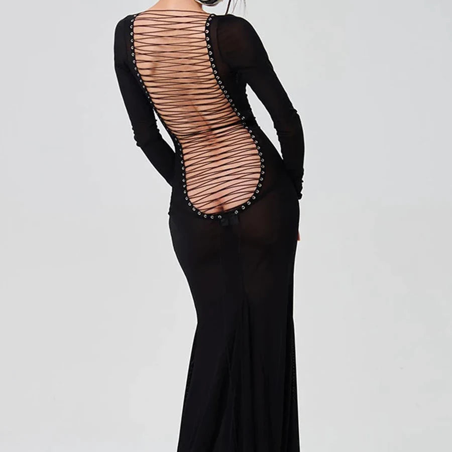 Sheer Mesh Maxi Dresses With Laced Back