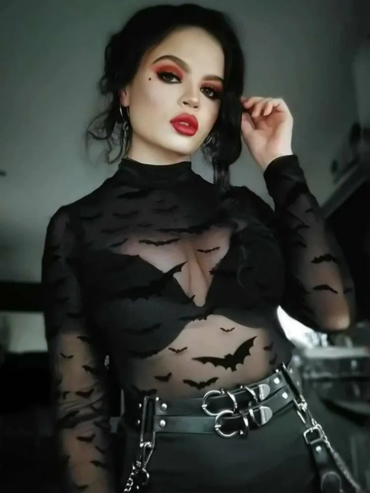 Bat Print High-neck See Through Long-sleeved Top