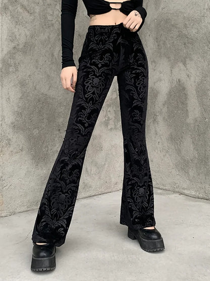 High Waist Flair Black Pants With Print