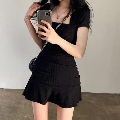 Black Square Collar Short Sleeve Dress