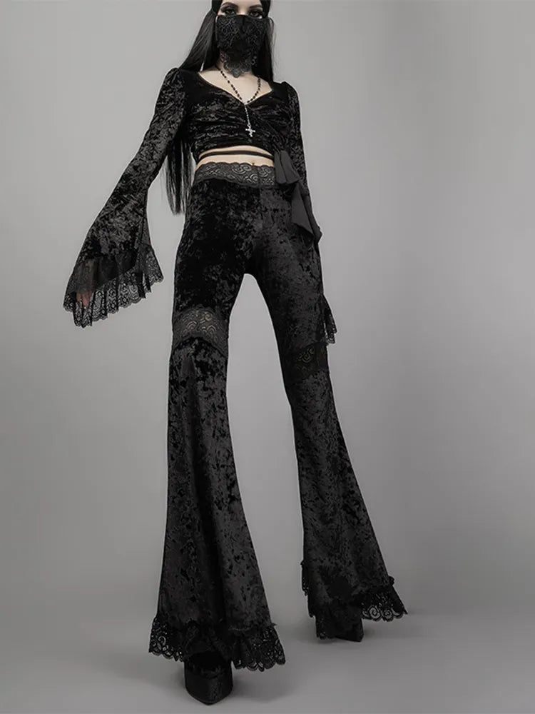 Black High Waist Velvet Flared Pants