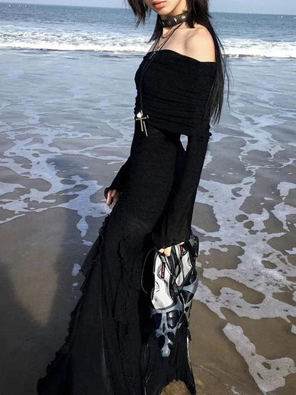 Black Ruffle Long Split Dress