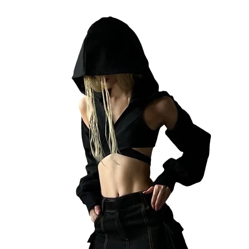 Black Hooded Long Sleeve Cut Out Crop Top