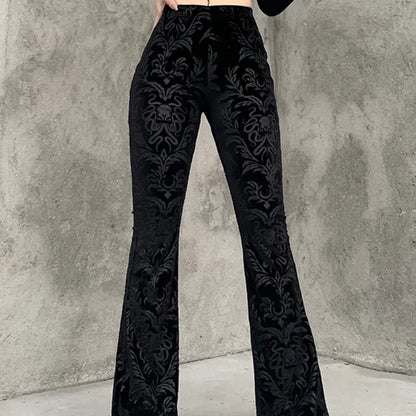 High Waist Flair Black Pants With Print