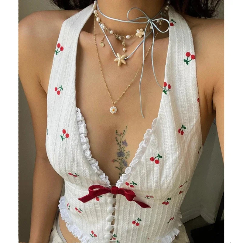 White Cherry Print Halter Crop Top