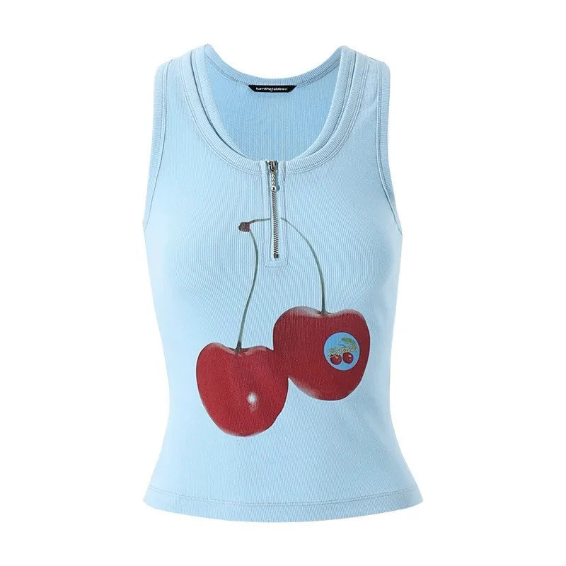 Women's Blue Cherry Tank Top With a Zipper