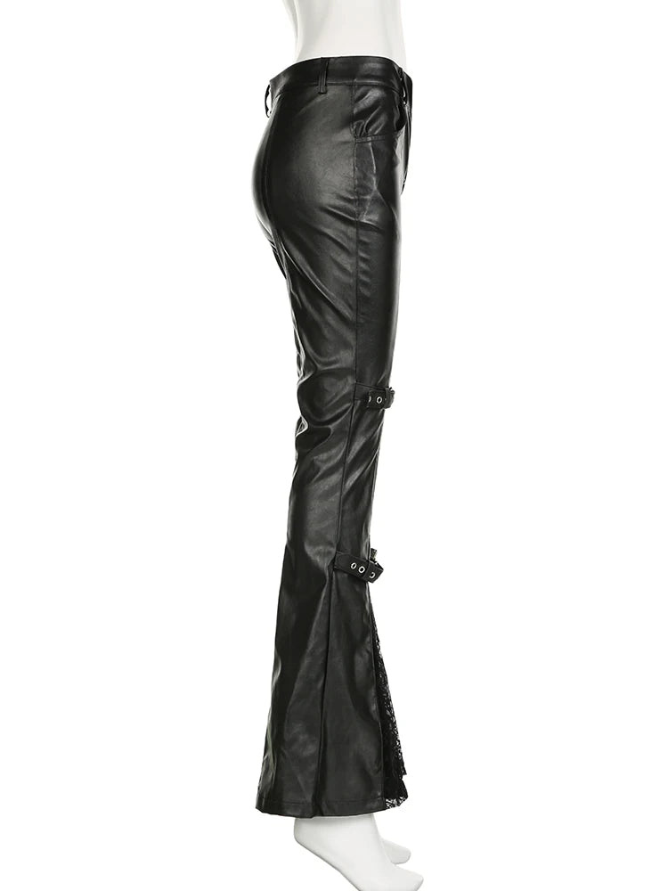 Sexy Black Patchwork PU Leather Flare Pants