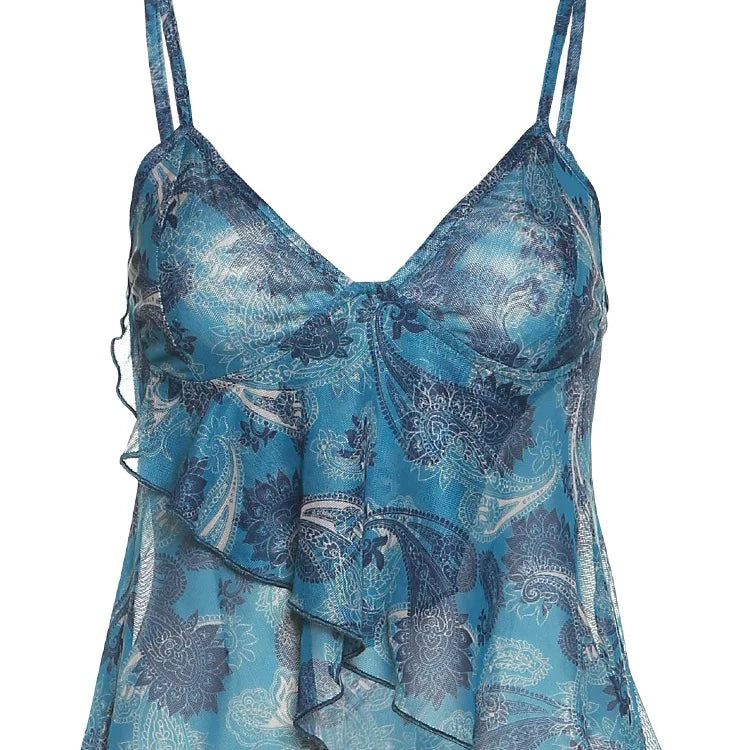 Blue Mesh See Through Printed Tank Top