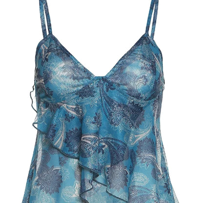 Blue Mesh See Through Printed Tank Top