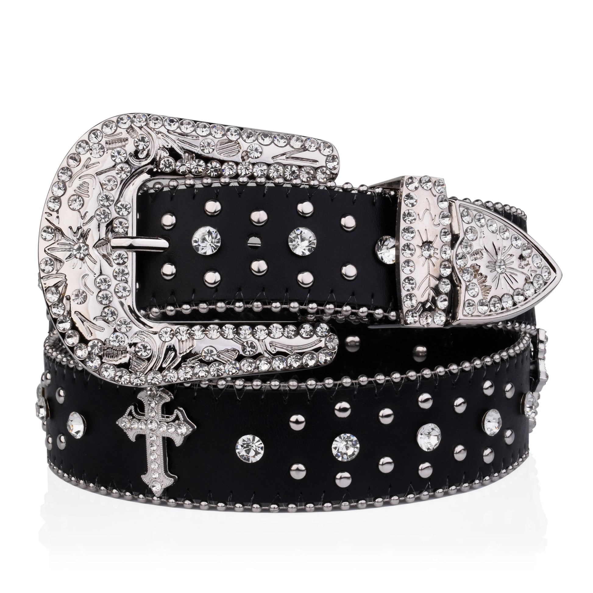 Black Rhinestone Buckle Cross Engraved Belt