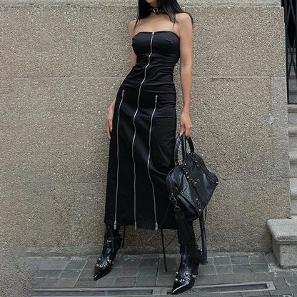 Black Strapless Zip Up Midi Dress