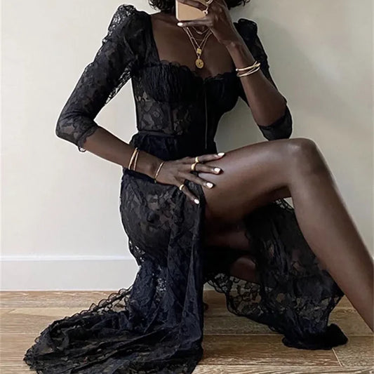 Black Long Lace Dress with a Split