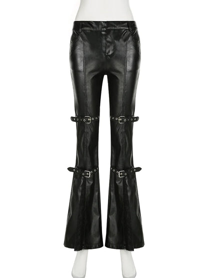 Sexy Black Patchwork PU Leather Flare Pants