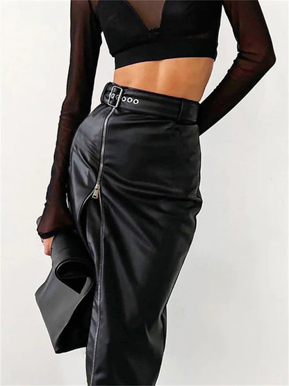 Black PU Leather High Waist Pencil With a Sipper Split