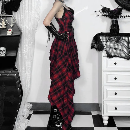 Plaid Print Strap Dress With Irregular Cut